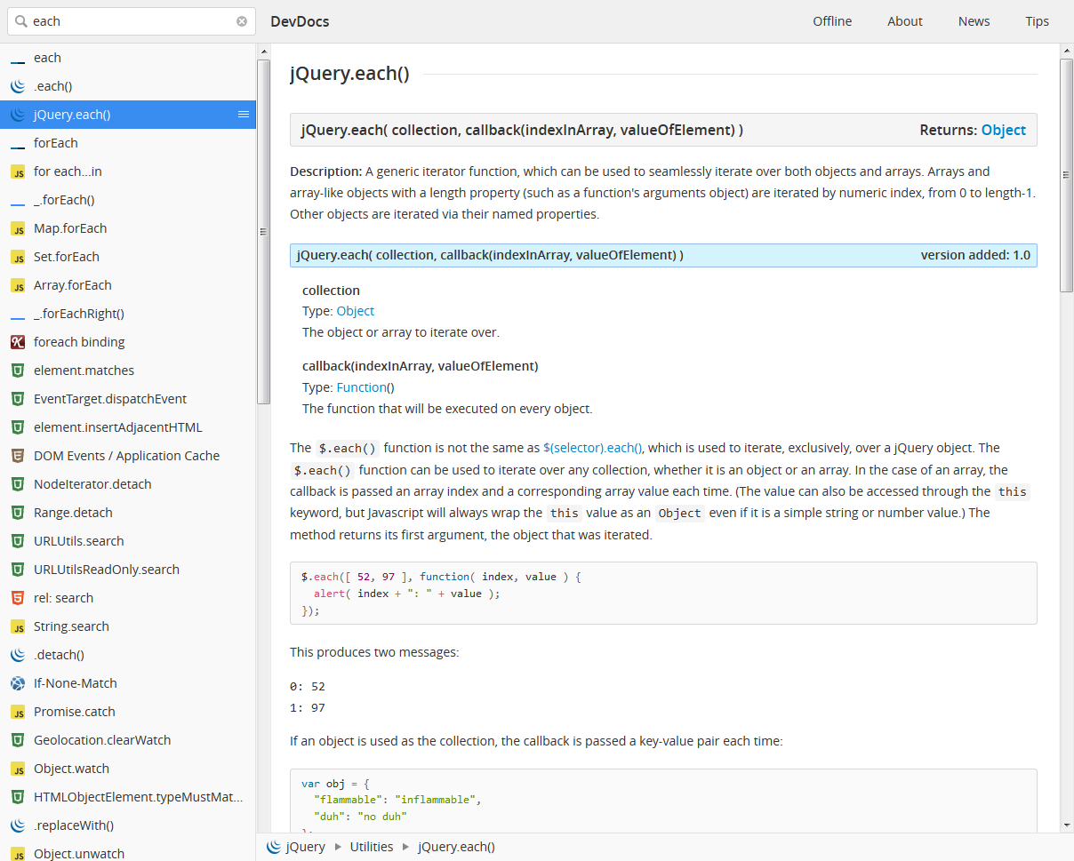 Image of DevDocs search