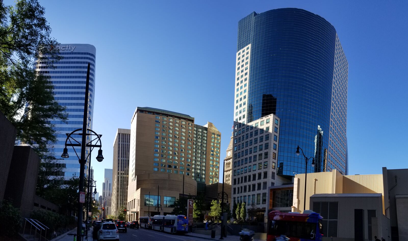 Downtown towers under a clear blue sky